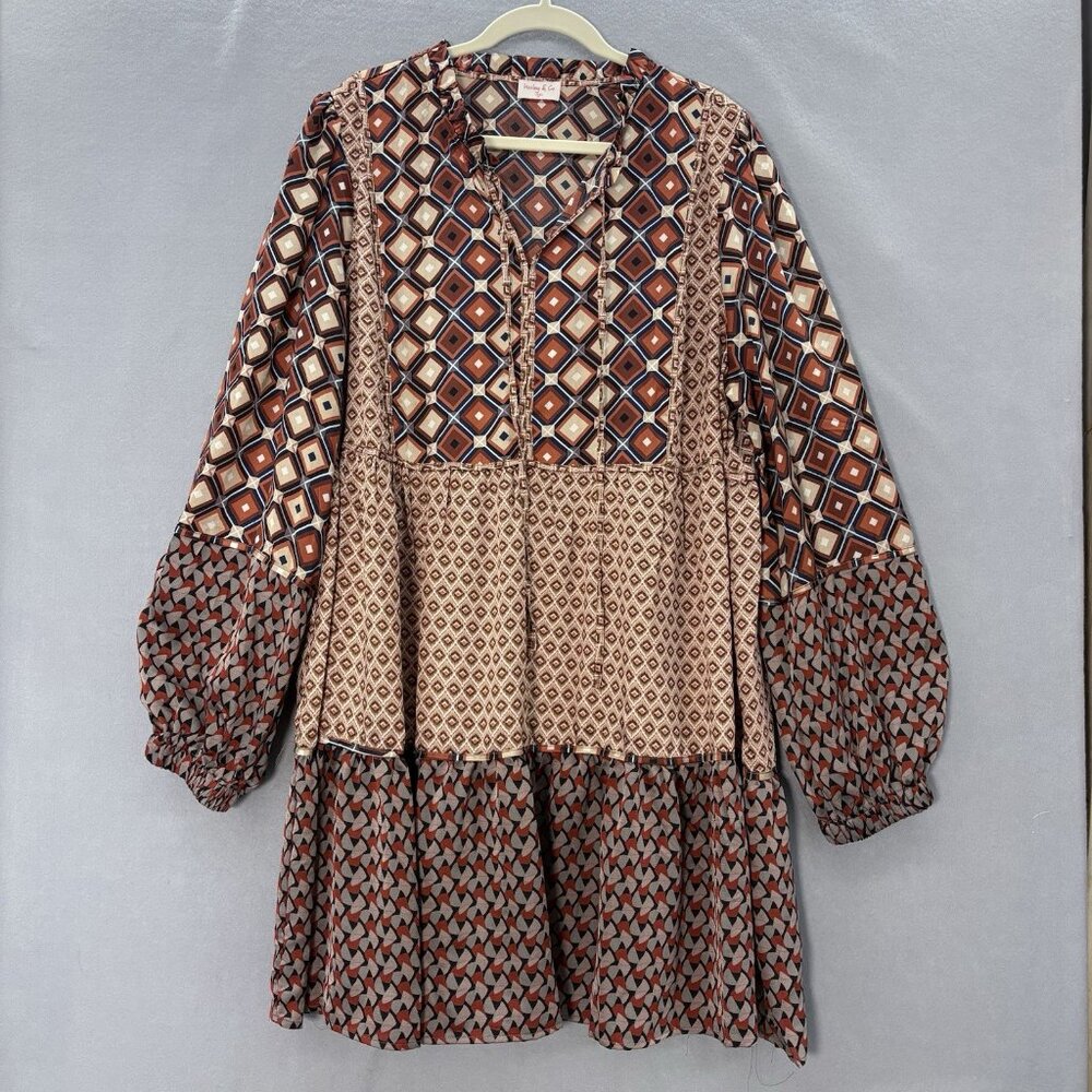 Hailey & Co Geometric Brown & Orange Tiered Ruffle‎ Dress SZ 3XL Boho, Peasant